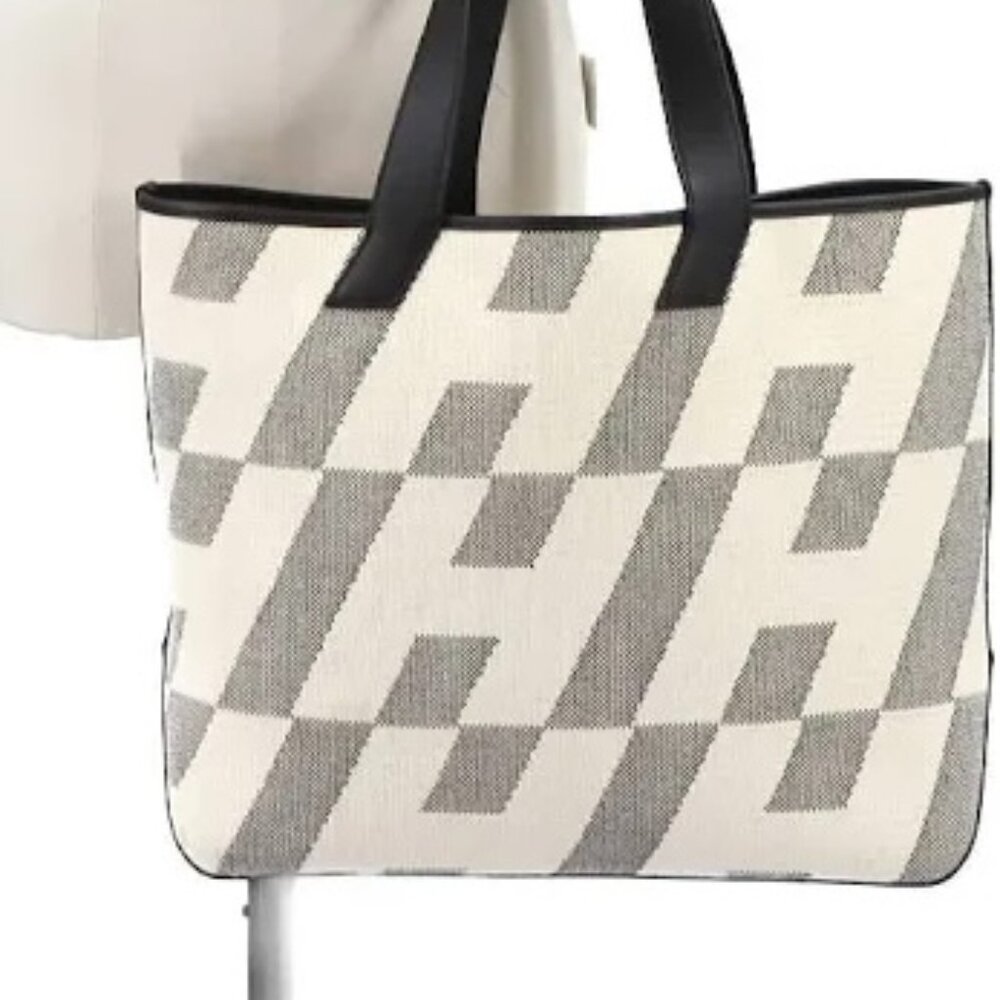 Hermes Ambie GM Women,Men Toile H,Swift Leather Tote Bag - Black and White - Picture 2 of 7